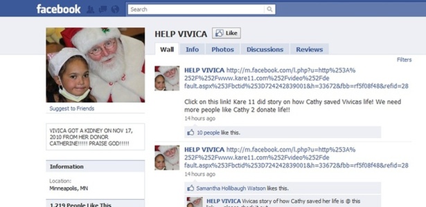 Pgina Help Vivica, criada pela sua me; post no Facebook ajudou a encontrar doador de rim