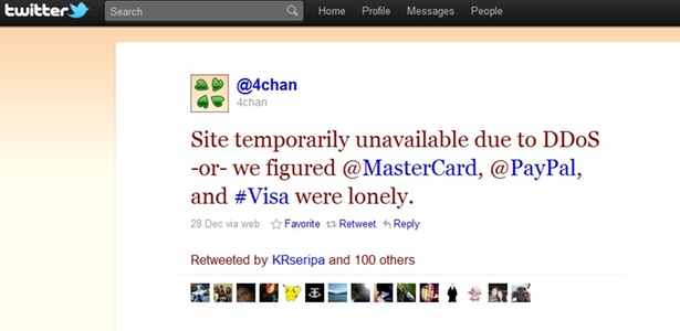 Mensagem no perfil do 4chan no Twitter confirma - e ironiza - o ataque que tirou o site do ar