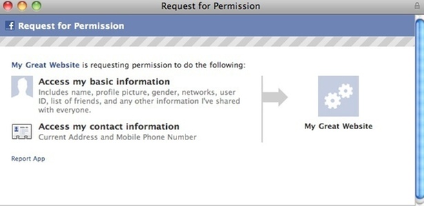 Página de permissão para acesso a dados pessoais (como telefone e endereço) do Facebook