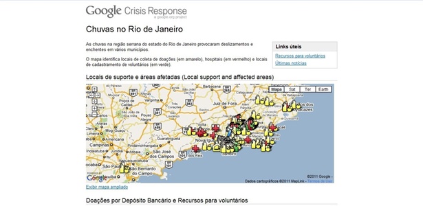 Pgina do Google Crisis Response traz mapa com locais de coleta de doaes no RJ