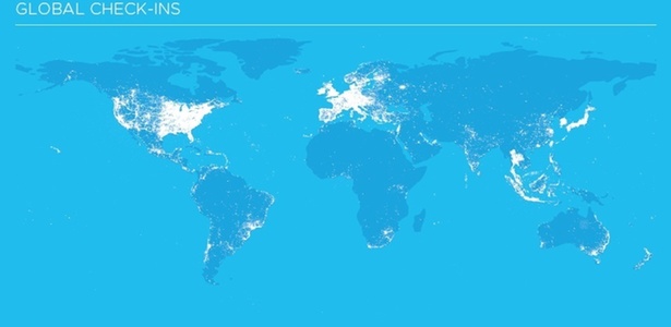 Mapa indica em pontos brancos áreas com maior atividade de usuários no Foursquare em 2010 - Divulgação