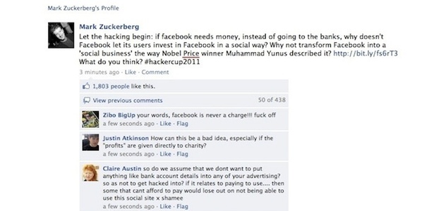 Mensagem em perfil hackeado de Mark Zuckerberg questiona investimentos na rede social 