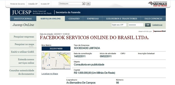 Registro da Jucesp indica que Facebook ter escritrio oficial na cidade de So Paulo