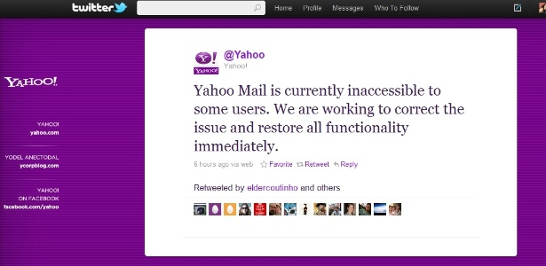Mensagem no perfil oficial do Yahoo! no Twitter confirma falha no servio de e-mails