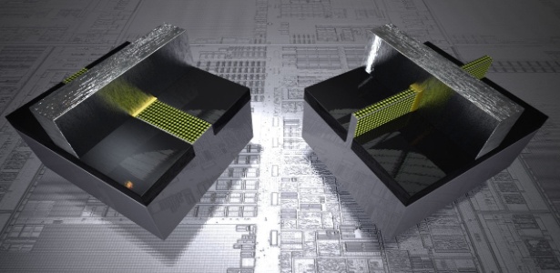 Imagem compara transitor de 32 nm (e) com o 3D Tri-gate de 22 nm (d); componente ser usado em linha de processadores da Intel que tem o codinome Ivy Bridge, prevista para o fim do ano