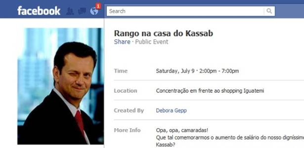 ''Rango na casa do Kassab'': convite no Facebook convoca usurios para protesto contra prefeito 