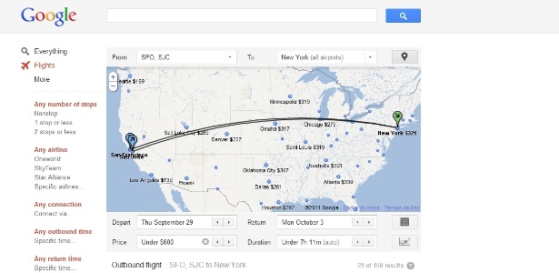 Servio Google Flight, disponvel s nos EUA, permite buscar passagens areas