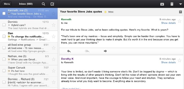 Tela inicial do aplicativo Gmail para iPad; no tablet, usuário pode pré-visualizar mensagens - Reprodução