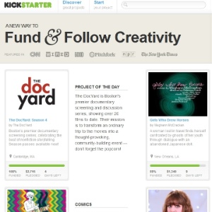 O Kickstarter é o local para pessoas criativas obterem financiamento inicial suficiente para dar início aos seus projetos. Entre as categorias de projetos incluídos estão música, filme, arte, design, alimentos, publicações e tecnologia - Reprodução